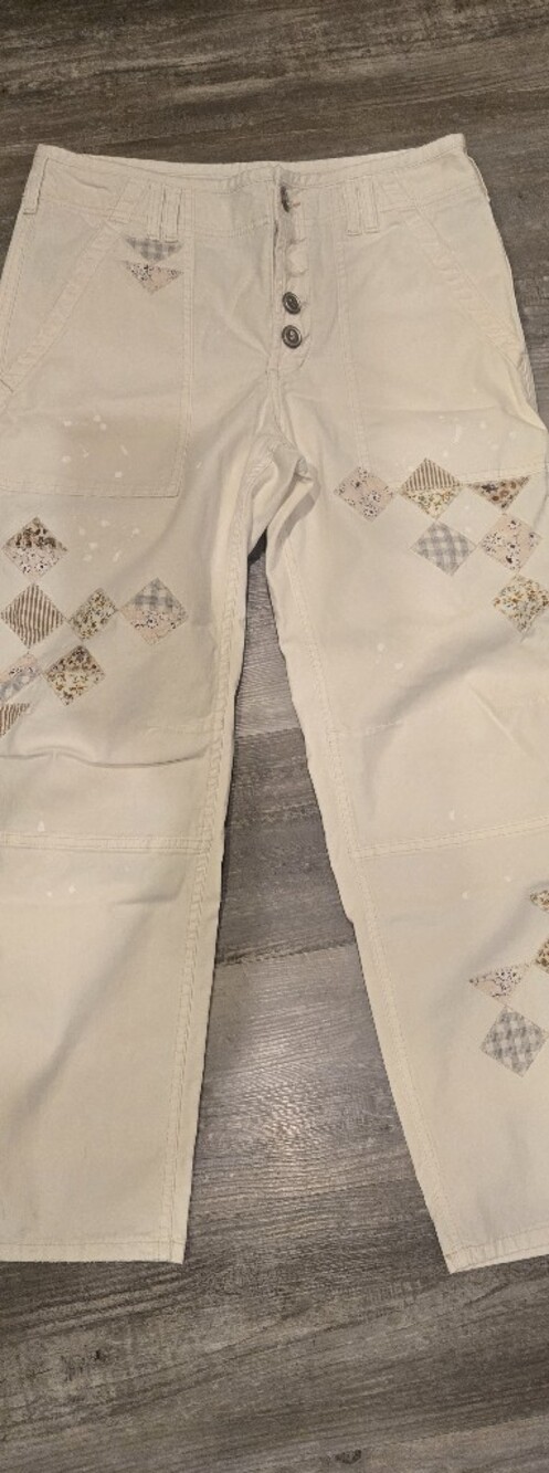 Pilcro Cream Straight-Leg Jeans with Patchwork Diamond Appliqués
